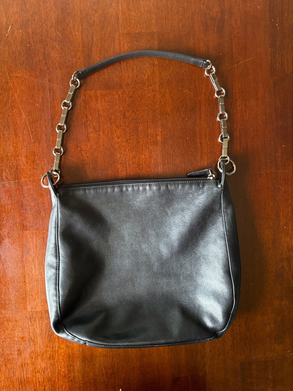 Leather & Co. by Liz Claiborne, Black Leather Shoulder Bag with Silver Chain